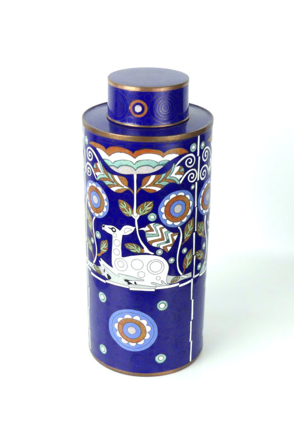 Pot bleu en cloisonné biches décor floral (face)