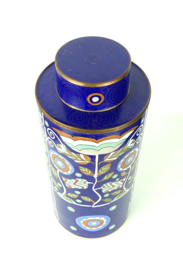 Pot bleu en cloisonné biches décor floral (dessus)