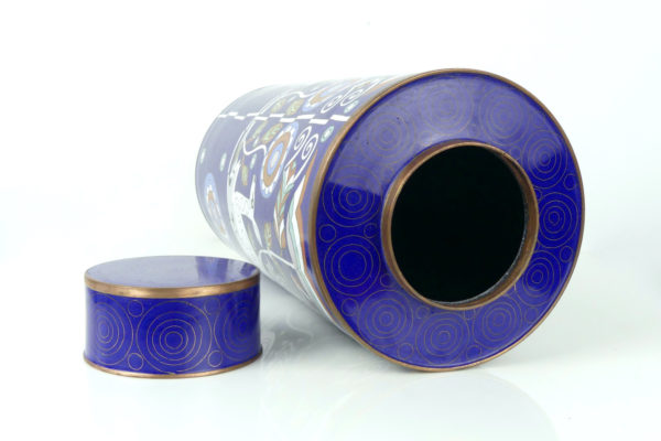 Pot bleu en cloisonné biches décor floral (3/4 ouvert)