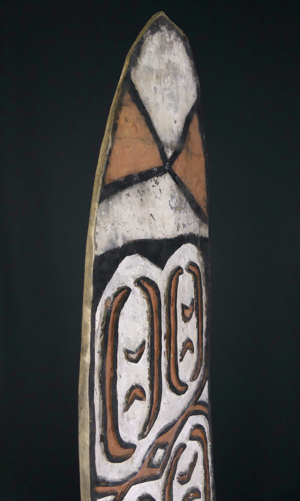 Grand bouclier de guerre Kombai en bois peint sur socle (détail tranche)