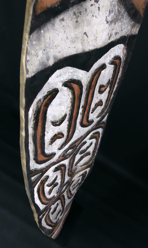 Grand bouclier de guerre Kombai en bois peint sur socle (détail tranche)