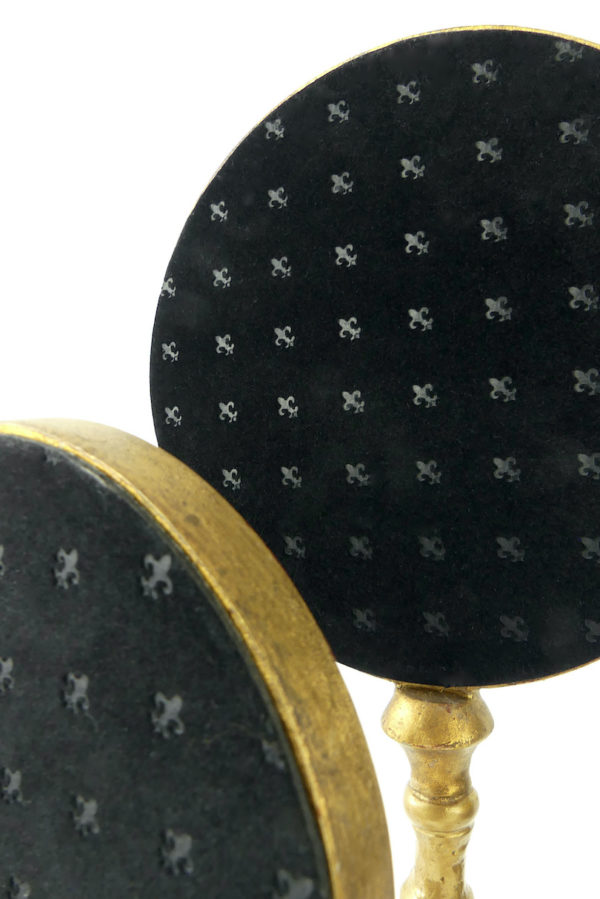 3 miroirs bombés ronds  œil de sorcière sur pieds dorés (détail dos)
