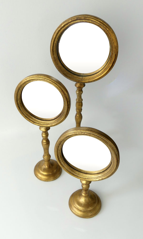 3 miroirs bombés ronds  œil de sorcière sur pieds dorés