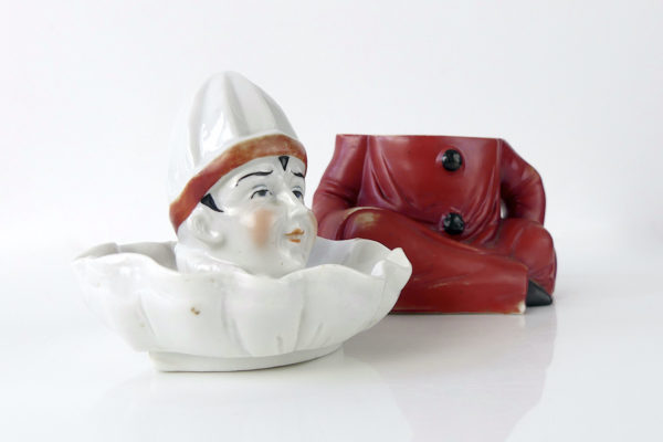 Ancien presse citron Clown complet en porcelaine et biscuit (3/4 ouvert)
