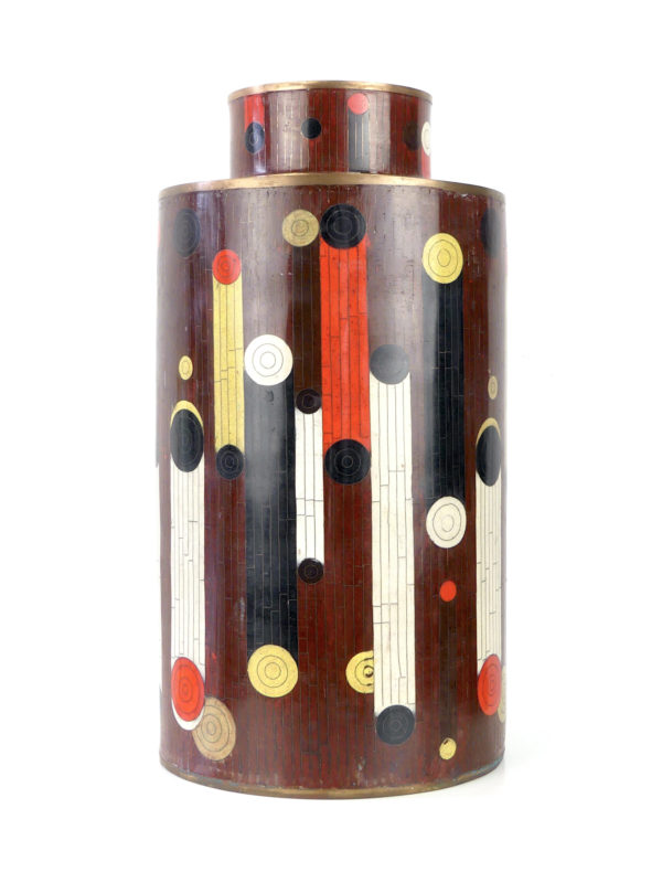 Grand pot à thé en cloisonné brun et rouge Fabienne Jouvin (face)
