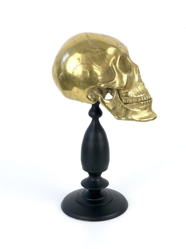 Crâne sculpté en laiton sur pied (profil)