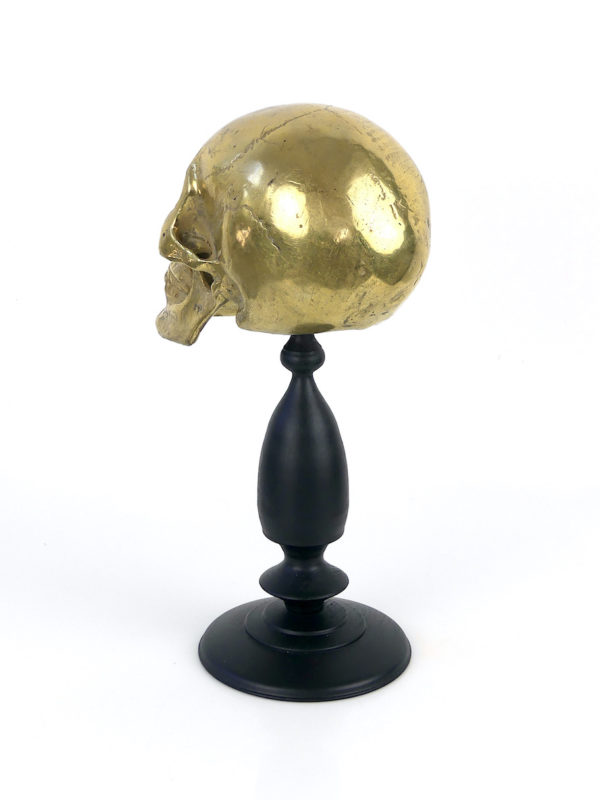 Crâne sculpté en laiton sur pied (3/4 dos)