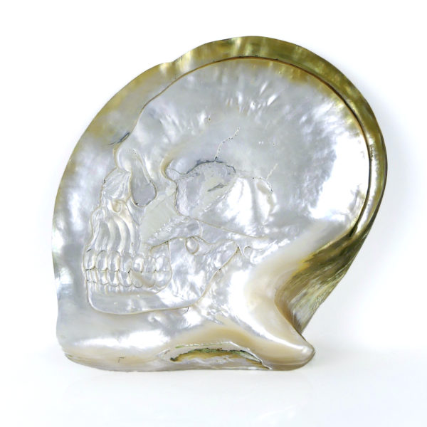 Grande coquille Skull d’huître perlière sculptée (face)