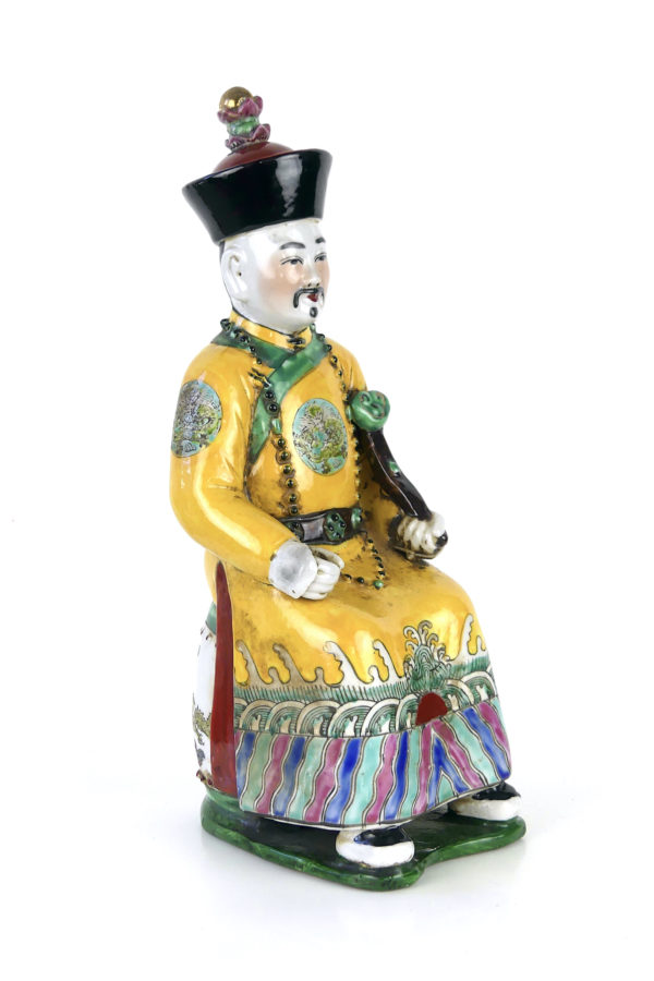 Sculpture dignitaire chinois aux dragons en faïence polychrome XIXe (3/4)
