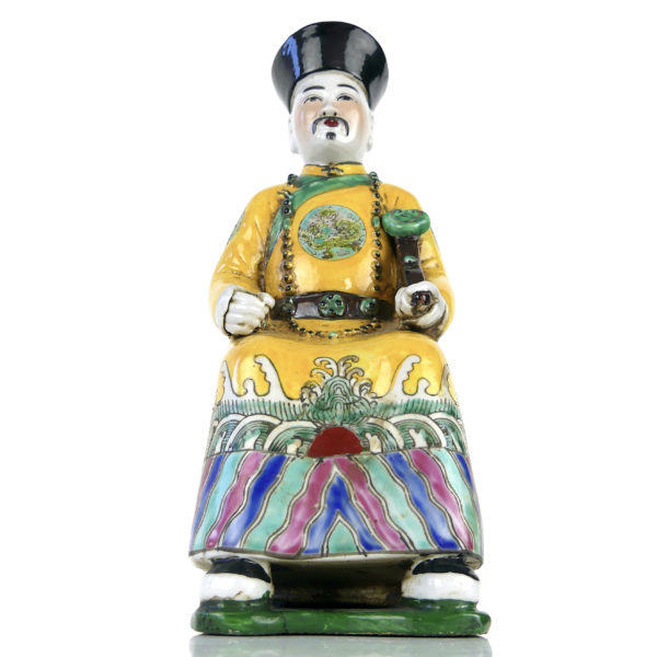 Sculpture dignitaire chinois aux dragons en faïence polychrome XIXe (face)