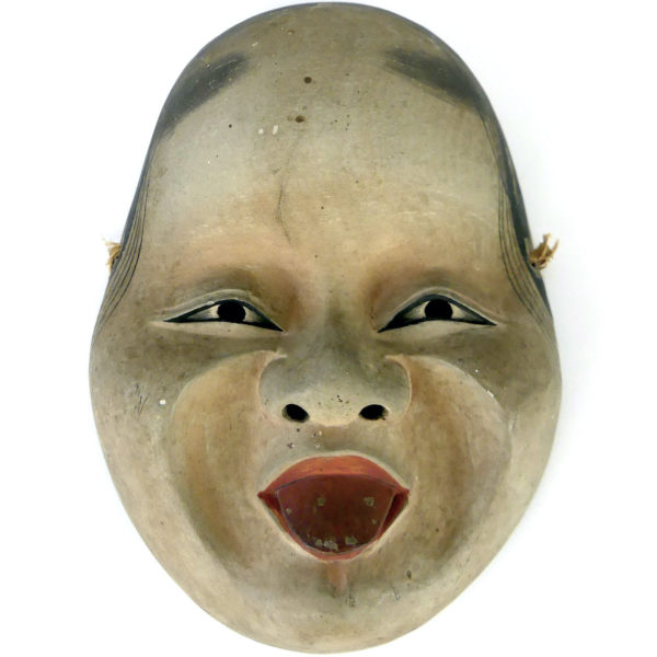 Masque Okame ancien signé XIXe Meiji (face)
