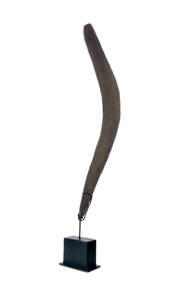 Grand boomerang aborigène ancien en bois dense sur socle