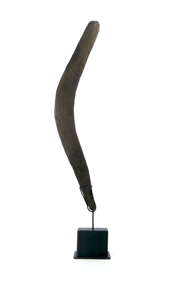 Grand boomerang aborigène ancien en bois dense sur socle