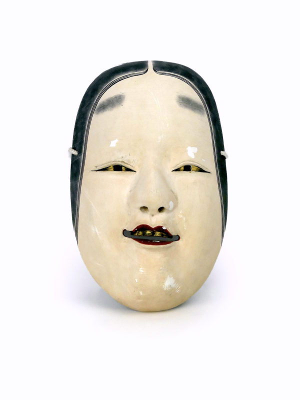 Masque zō-onna shōwa polychrome et doré en bois peint (face)
