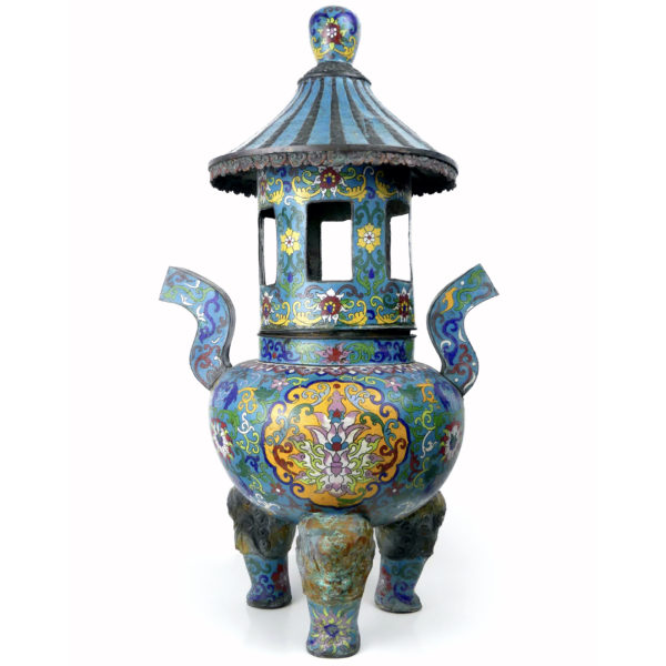 Grand brûle-parfum de temple Qing encensoir tripode en cloisonné