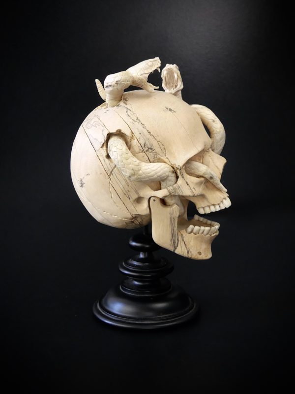 Crâne au deux serpents en bois de tamarin et bois de cerf (profil)