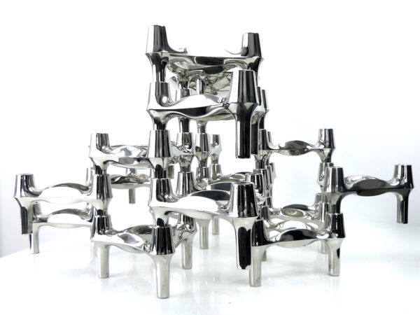 Set de 17 bougeoirs modulables tripodes et 2 coupelles Fritz Nagel (face)