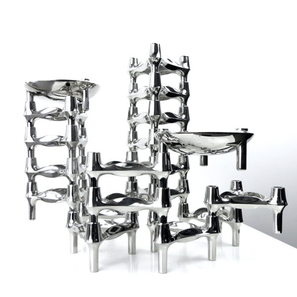 Set de 17 bougeoirs modulables tripodes et 2 coupelles Fritz Nagel (face)