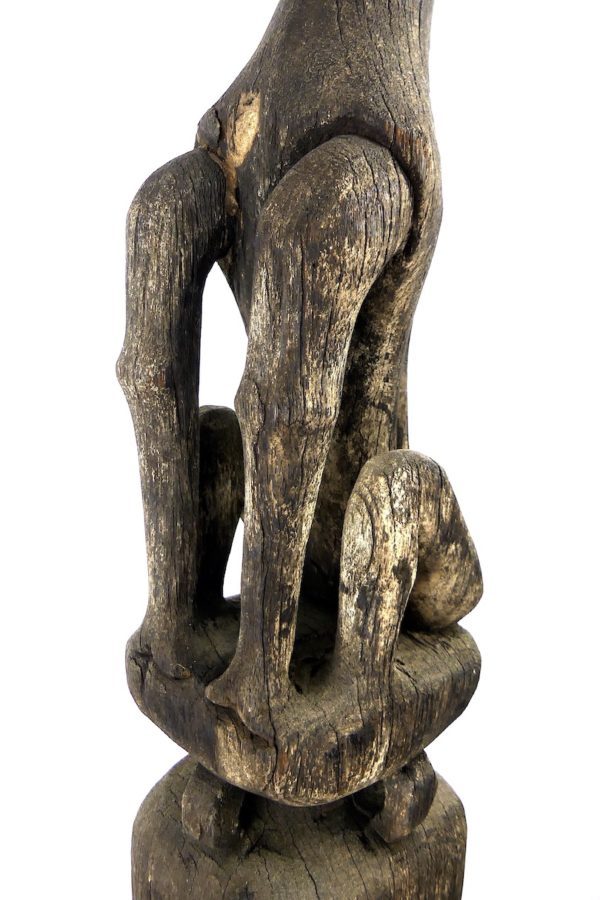 Poteau Sapandu félin en bois Bornéo Kalimantan (détail)