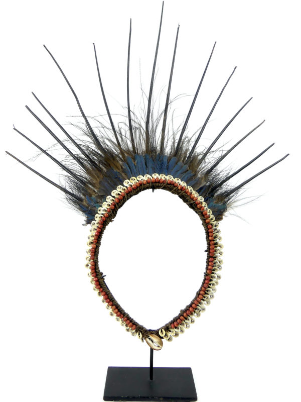 Collier papou à plumes coquillages pics de porc-épic (face)