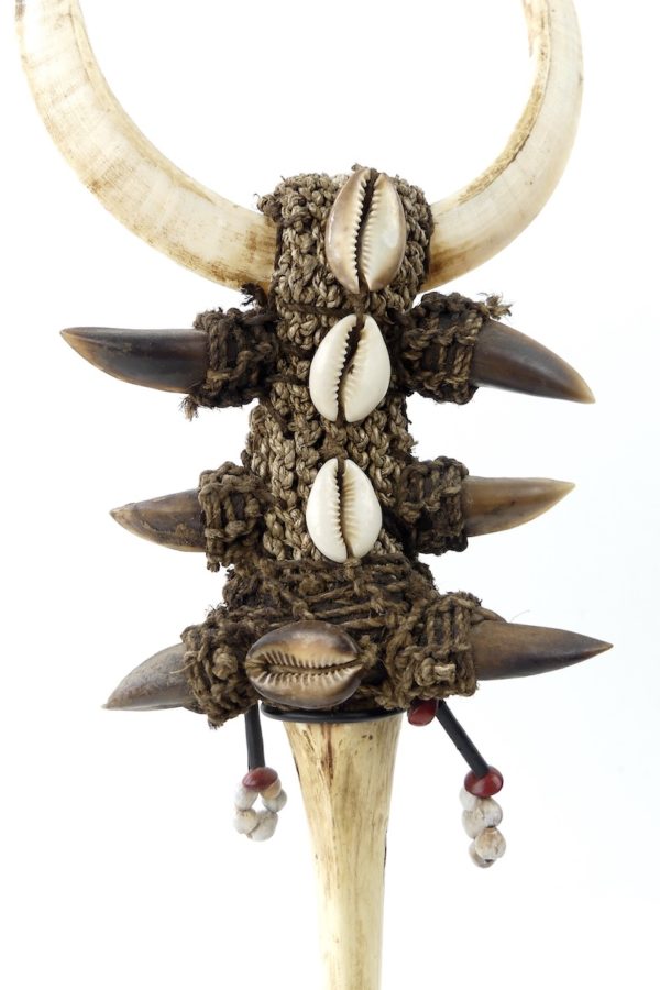 Tun Tun rituel papou en os dents griffes cauris sur socle (détail)