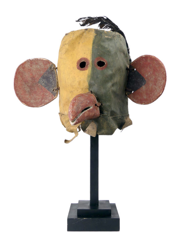 Masque heaume amérindien vert et jaune Kachina Hopi (face)