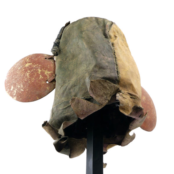 Masque heaume amérindien vert et jaune Kachina Hopi (dos dessous)