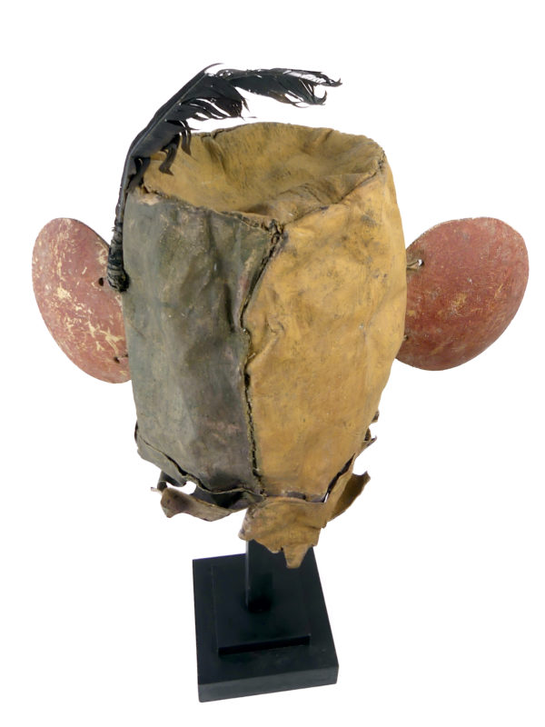 Masque heaume amérindien vert et jaune Kachina Hopi (dos dessus)