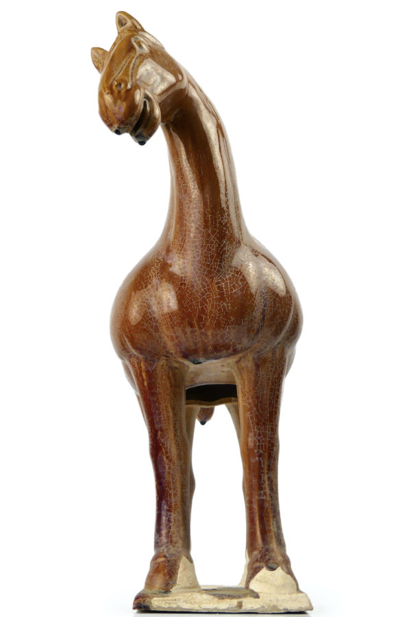Grand cheval Tang ocre en terre cuite émaillée chinoise (face)