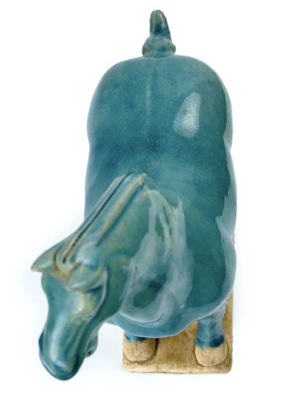 Cheval Tang bleu en terre cuite émaillée chinoise (dessus)