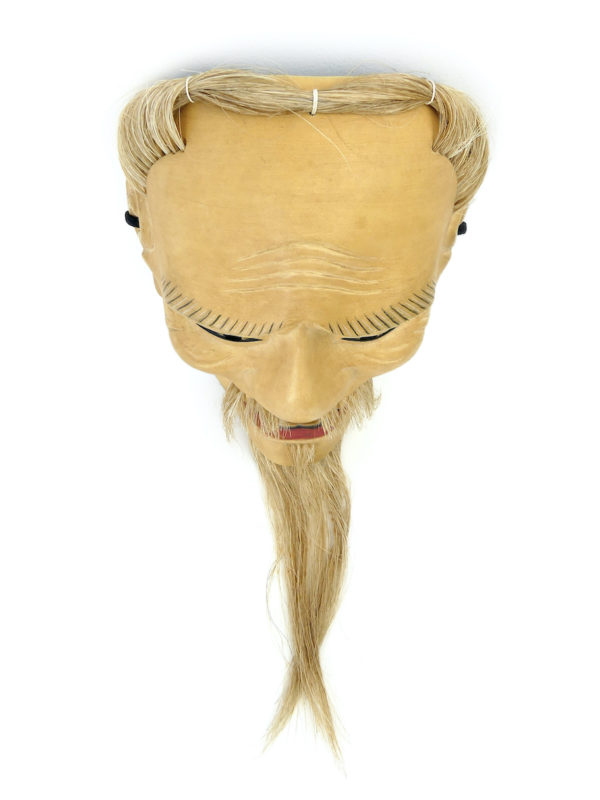 Masque Akobu-jo vieil homme triste signé en bois de cyprès (dessus)