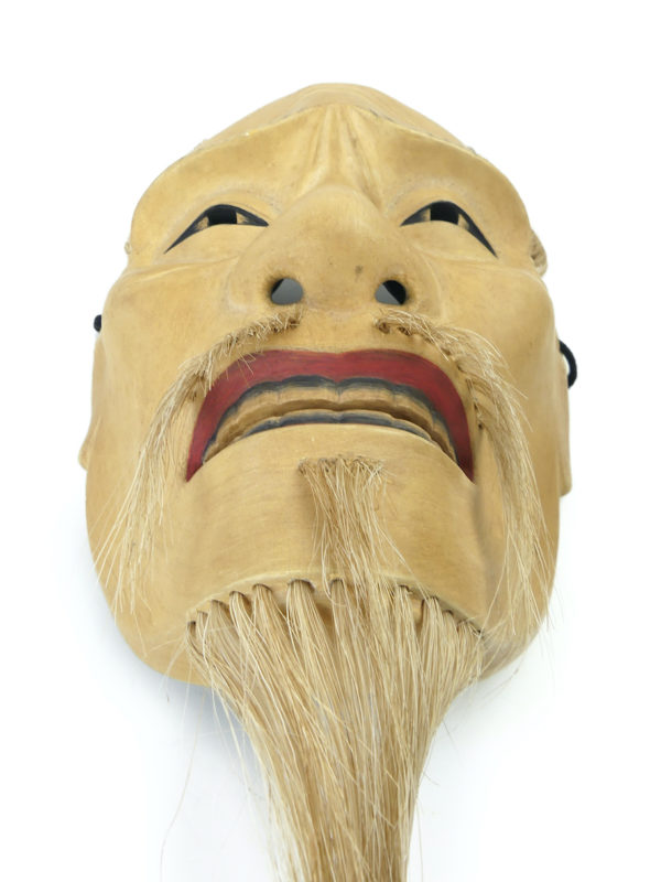 Masque Akobu-jo vieil homme triste signé en bois de cyprès (dessous)