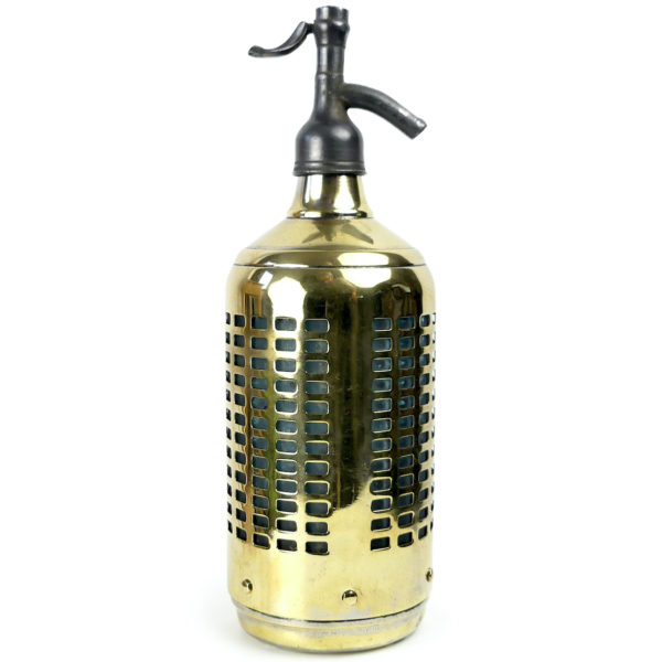 Grand siphon à eau de Seltz bleu et doré 1948 (profil)