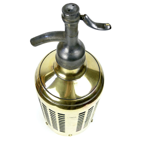 Grand siphon à eau de Seltz bleu et doré 1948 (dessus 3/4)