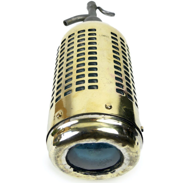 Grand siphon à eau de Seltz bleu et doré 1948 (dessous 3/4)