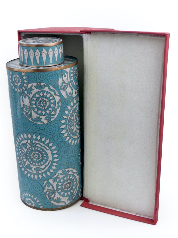 Pot long bleu et blanc en cloisonné Fabienne Jouvin (coffret)