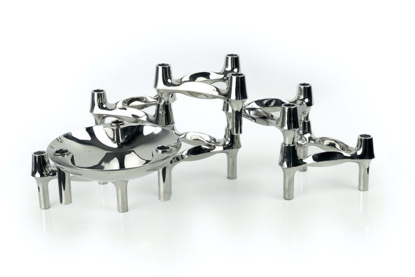 6 bougeoirs tripodes modulables et 1 coupelle Fritz Nagel
