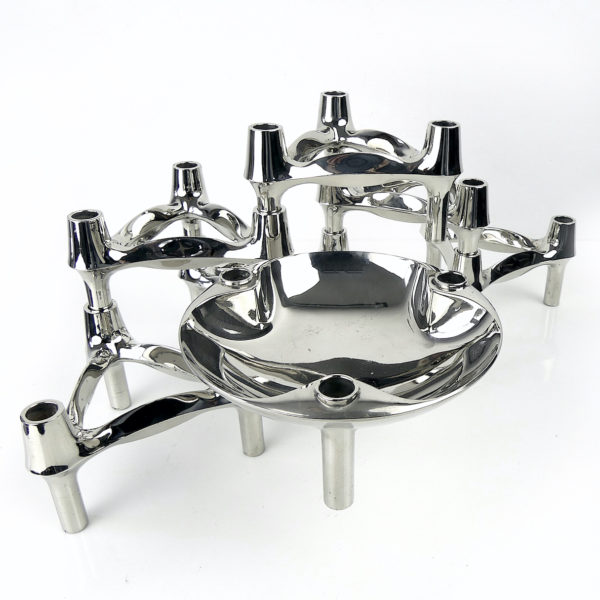 6 bougeoirs tripodes modulables et 1 coupelle Fritz Nagel