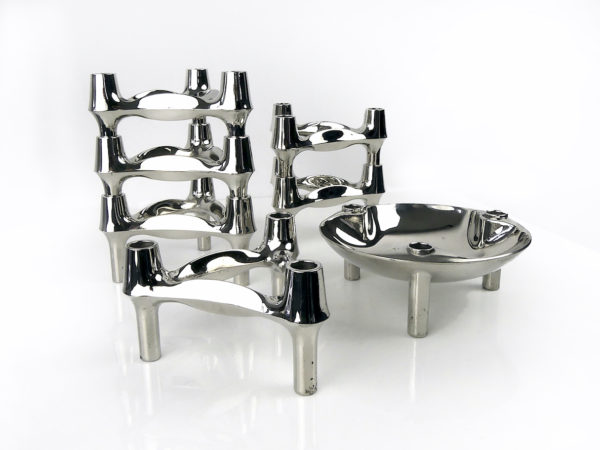 6 bougeoirs tripodes modulables et 1 coupelle Fritz Nagel