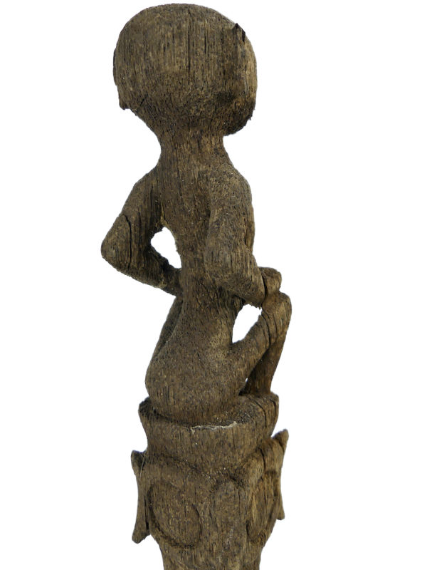 Tun Tun dayak ancien en bois érodé sur pied Kalimantan Bornéo (détail 3/4 dos)