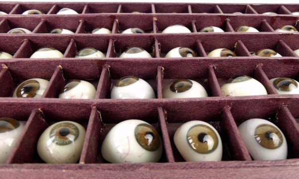 Boîte de 50 prothèses oculaires à l’iris brun et gris bleu (détail)