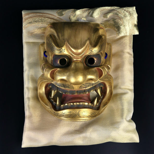 Masque doré Shishiguchi Gueule de lion du théâtre nô Ère Shōwa (sac)