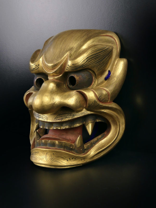 Masque doré Shishiguchi Gueule de lion du théâtre nô Ère Shōwa (3/4)