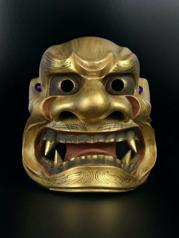 Masque doré Shishiguchi Gueule de lion du théâtre nô Ère Shōwa (face)