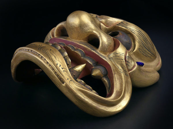 Masque doré Shishiguchi Gueule de lion du théâtre nô Ère Shōwa (dessous 3/4)