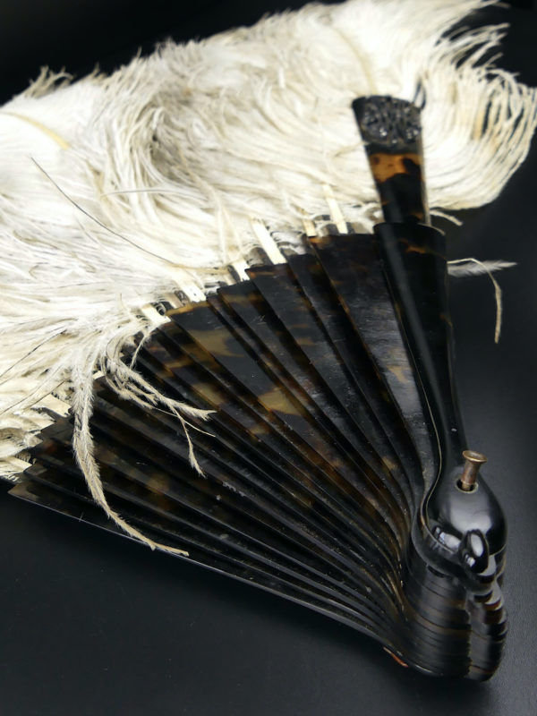 Éventail d’effeuilleuse en plumes d’autruche sur monture écaille (détail)