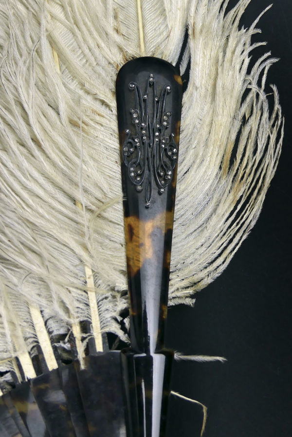 Éventail d’effeuilleuse en plumes d’autruche sur monture écaille (détail)