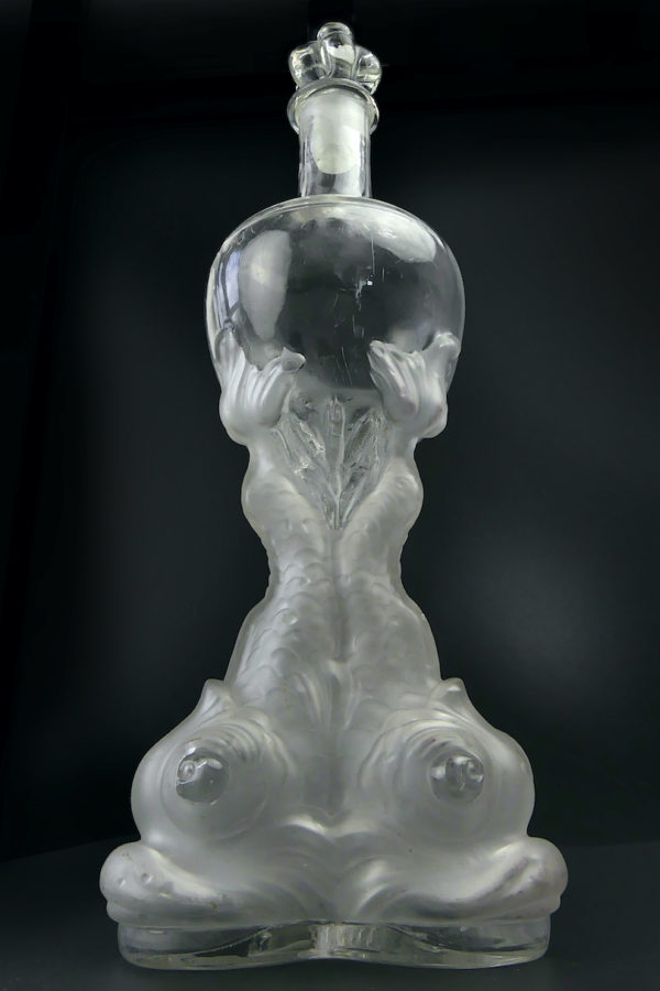 Bouteille carafe Legras 3 poissons en verre soufflé bouche avec bouchon (face)