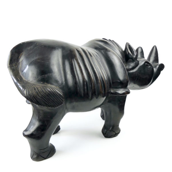 Grand rhinocéros massif monoxyle en bois dur Sculpture animalière africaine (3/4 dos)