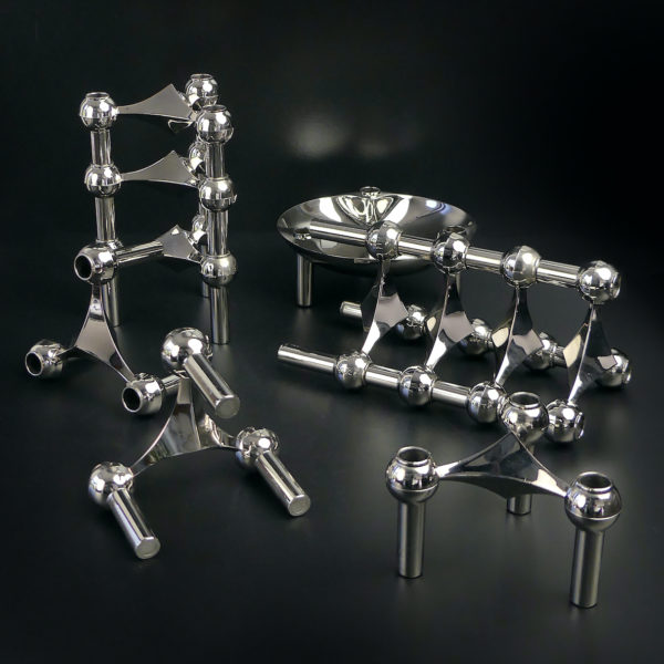 Set de 10 bougeoirs tripodes et coupelle en métal Fritz Nagel